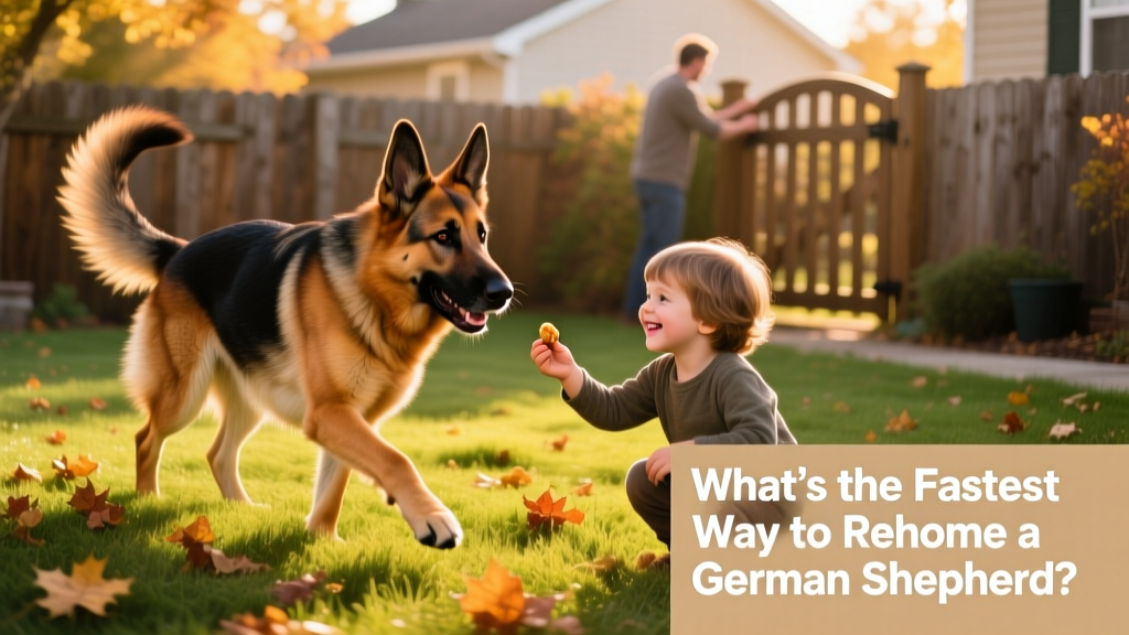 A German Shepherd happily exploring a fenced backyard with a new family, including a child offering a treat
