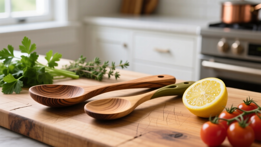 Close-up of hand-carved hard maple and olive wood cooking spoons resting on a rustic butcher block countertop beside fresh ingredients