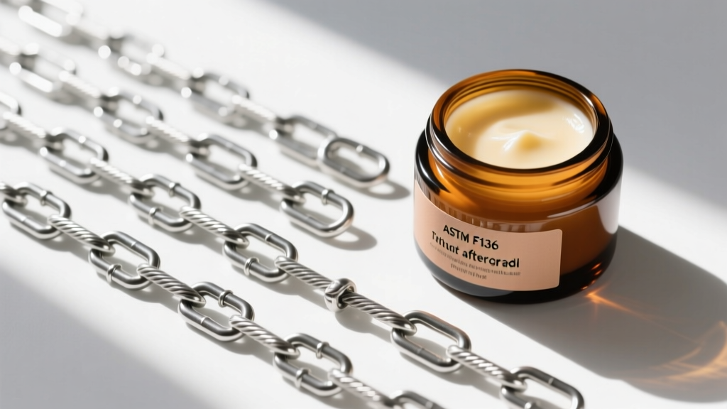 Overhead flatlay of ASTM F136 implant-grade titanium cable chains arranged next to a jar of organic tattoo aftercare balm.