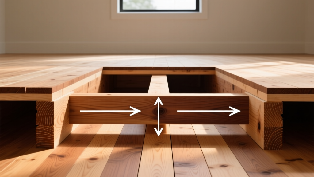 Cross-section of heavy timber floor showing structural joists, tongue-and-groove pine decking, and lateral load arrows