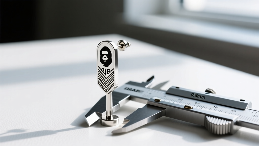 Macro view of a BAPE earring post with laser-etched hallmark and 0.8mm gauge measured by digital calipers on a clean white desk.
