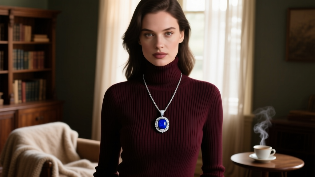 Woman wearing a silver lapis lazuli TVD replica pendant over a dark maroon ribbed turtleneck sweater in a dimly lit cozy room.