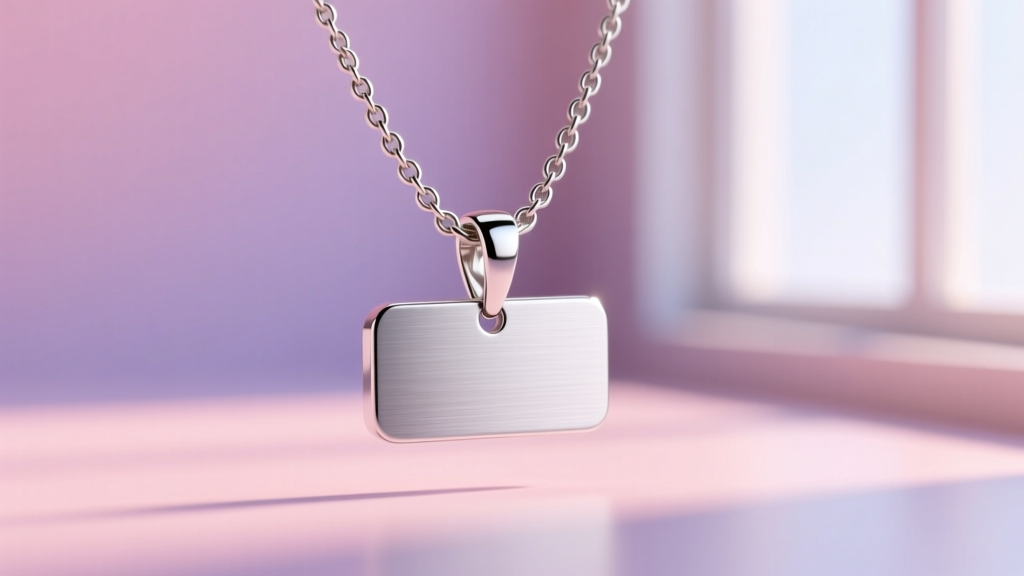 Close-up of a 1.5mm cable chain threading through the bail of a nameplate pendant, captured against a blurred pastel background.