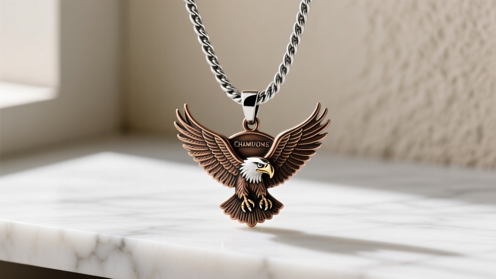 A 2.5mm stainless steel rope chain with a lobster clasp holding a heavy die-cast zinc alloy Eagles championship pendant on a fan