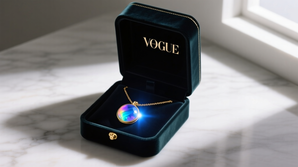 Open velvet gift box revealing a glowing rainbow moonstone pendant necklace, soft dramatic lighting highlighting bright blue flash