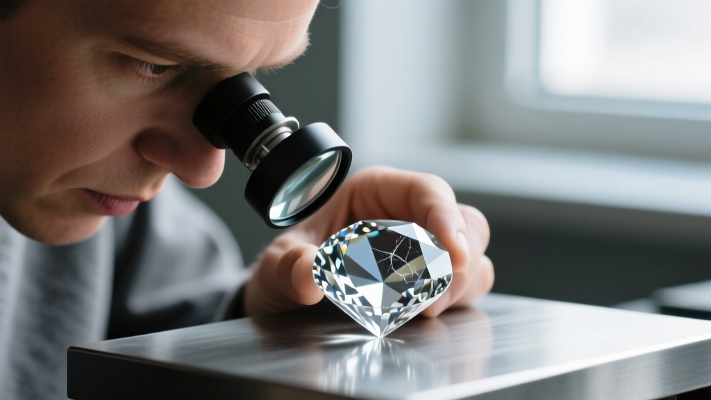 Jeweler examining facet edges of a clear gemstone with a 10x loupe, revealing microscopic abrasions typical of vintage paste glass