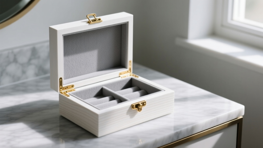 White wooden jewelry box with matte finish on marble vanity, lid open showing acid-free grey microfiber lining and brass hardware.