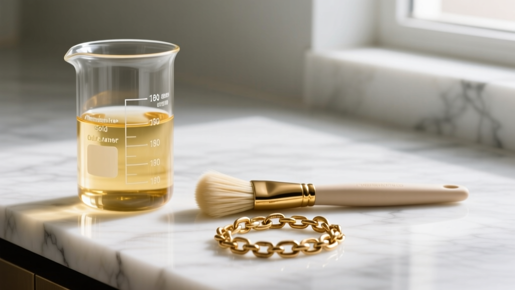 Glass beaker of ammonia-free gold cleaner, soft brush, and tarnished 18k gold chain resting on a bright white marble countertop.