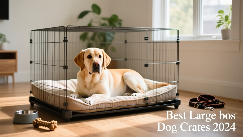 A calm, well-trained Labrador resting comfortably inside a spacious wire crate with a soft bed