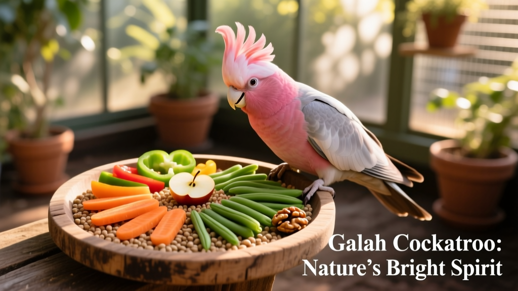 Well-balanced galah meal: pellet base topped with colorful vegetables, a small fruit piece, and one nut as treat