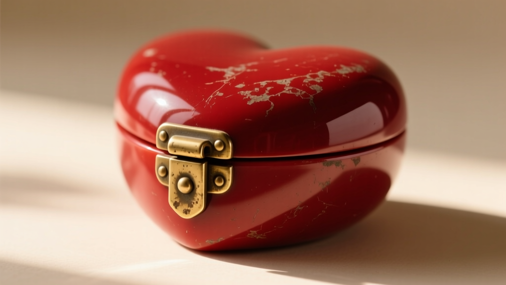 Macro shot of a red Bakelite vintage heart jewelry box brass pin hinge, showing subtle patina and a secure friction clasp
