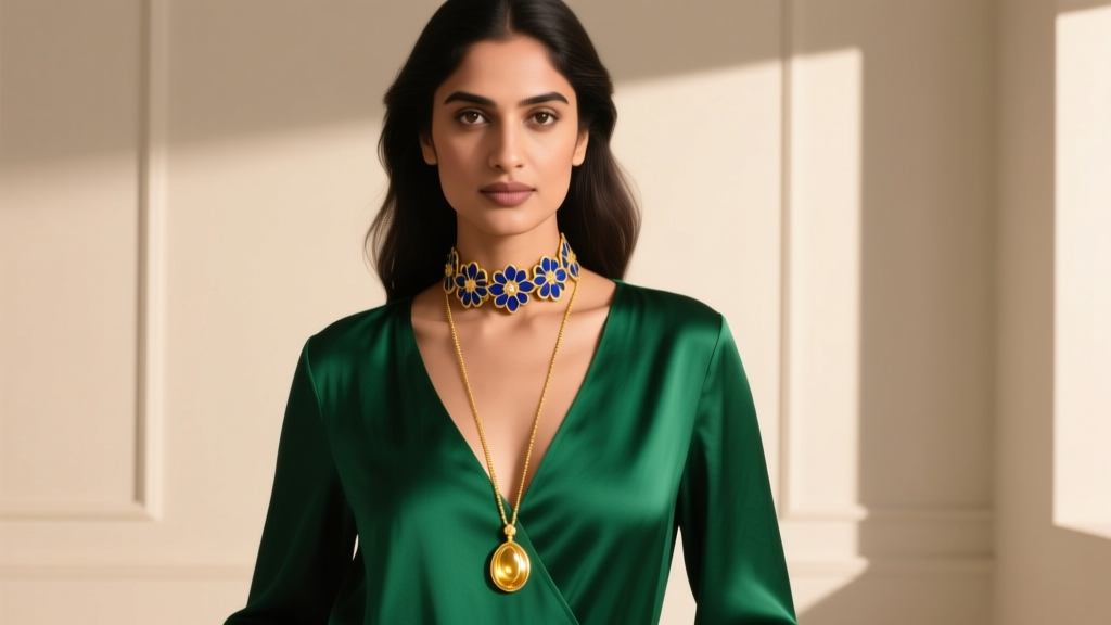 Woman wearing an Amrita Singh enamel choker and long gold pendant necklace over a V-neck emerald green silk blouse in warm light