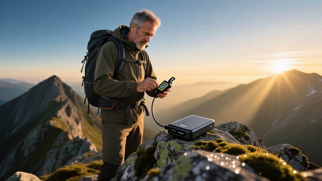 Hiker adjusting a graphene power bank connected to a GPS device on a rocky alpine ridge during a multi-day backpacking trip at sunrise