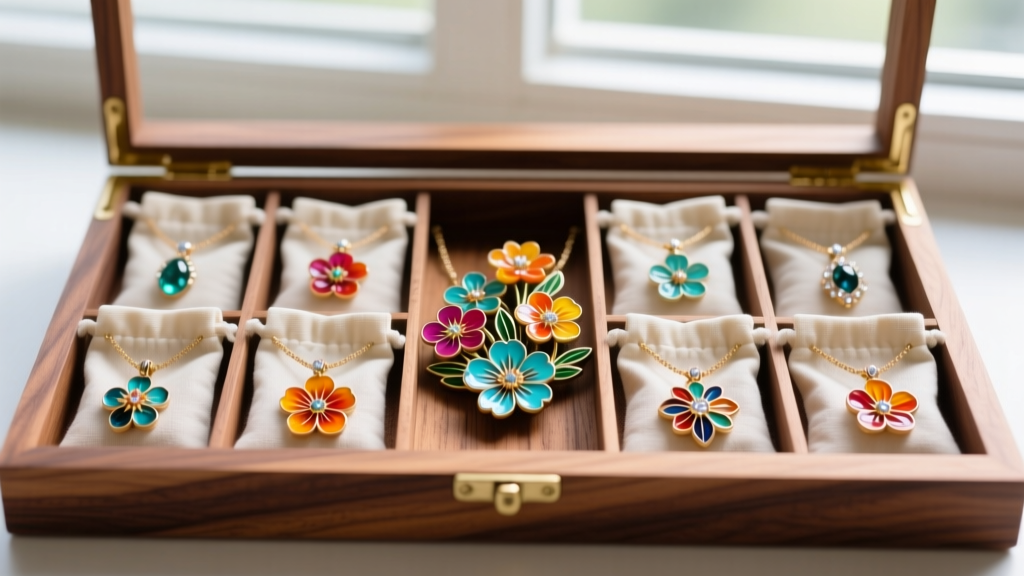 Hawaiian resin and enamel flower necklaces stored in individual anti-tarnish cloth pouches inside a cedar jewelry box