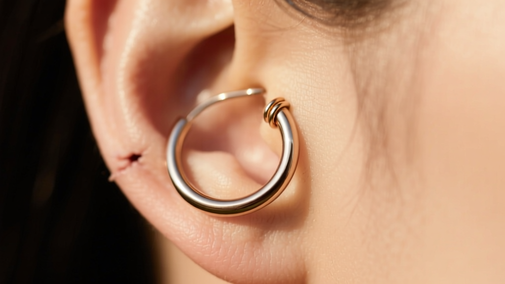 25mm 18-gauge continuous niobium hoop earring in a healed earlobe, showing the seamless wire closure against skin in soft light