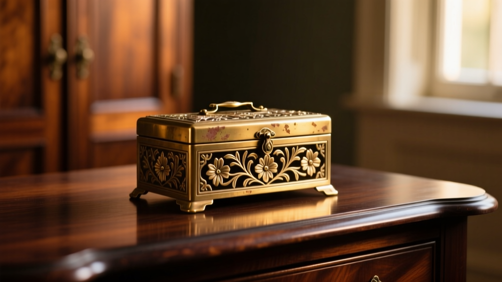 Aged brass antique metal jewelry box with floral filigree engravings resting on a dark mahogany dresser under warm lighting.