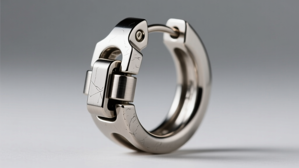 Macro photography of a hinged saddle clasp on a thick 10-gauge titanium hoop earring, showing the interlocking pin and secure latch.