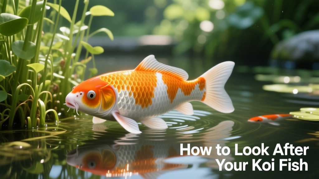 Close-up of a healthy koi fish with vivid orange and white patterning, swimming near submerged aquatic plants
