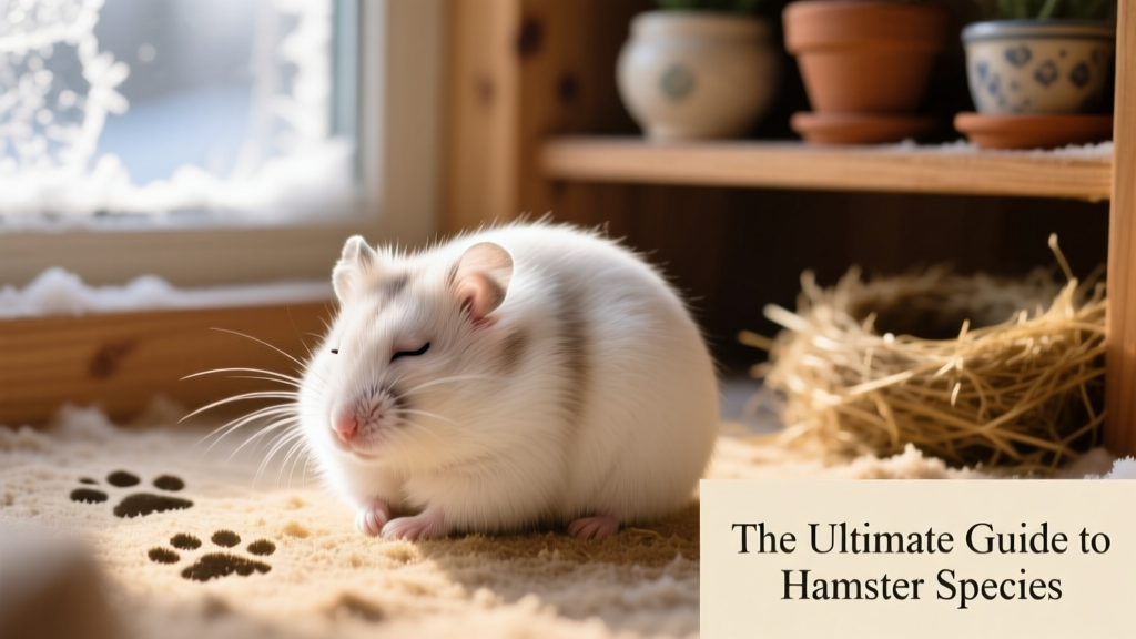 Winter white dwarf hamster curled up asleep, showing its thick fur and rounded face