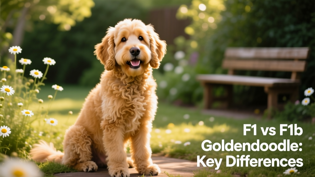 A smiling, medium-sized F1 Goldendoodle sitting outdoors with a soft, wavy coat and warm golden coloring