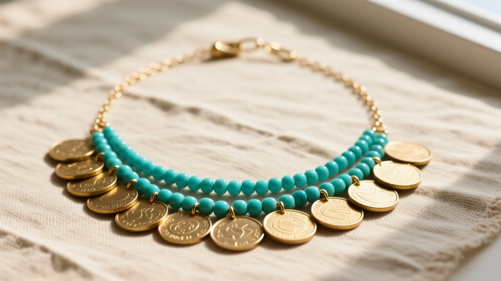 Flat lay of a layered Free People charm necklace with gold brass coins, turquoise beads, and a 2mm paperclip chain on raw linen