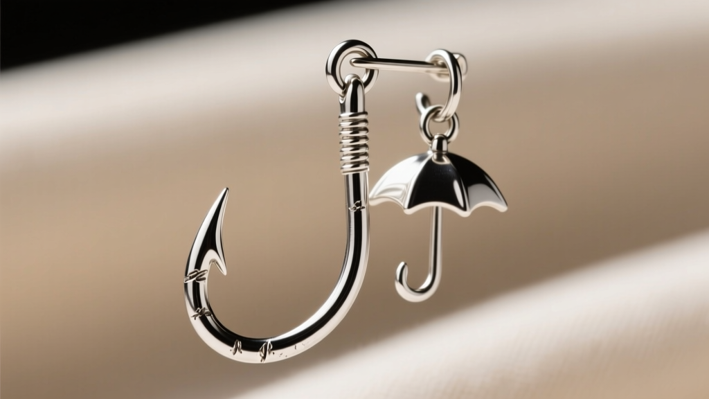 Extreme close-up of a 20-gauge steel fish hook and soldered jump ring connecting an umbrella cat dangle to the main earring post