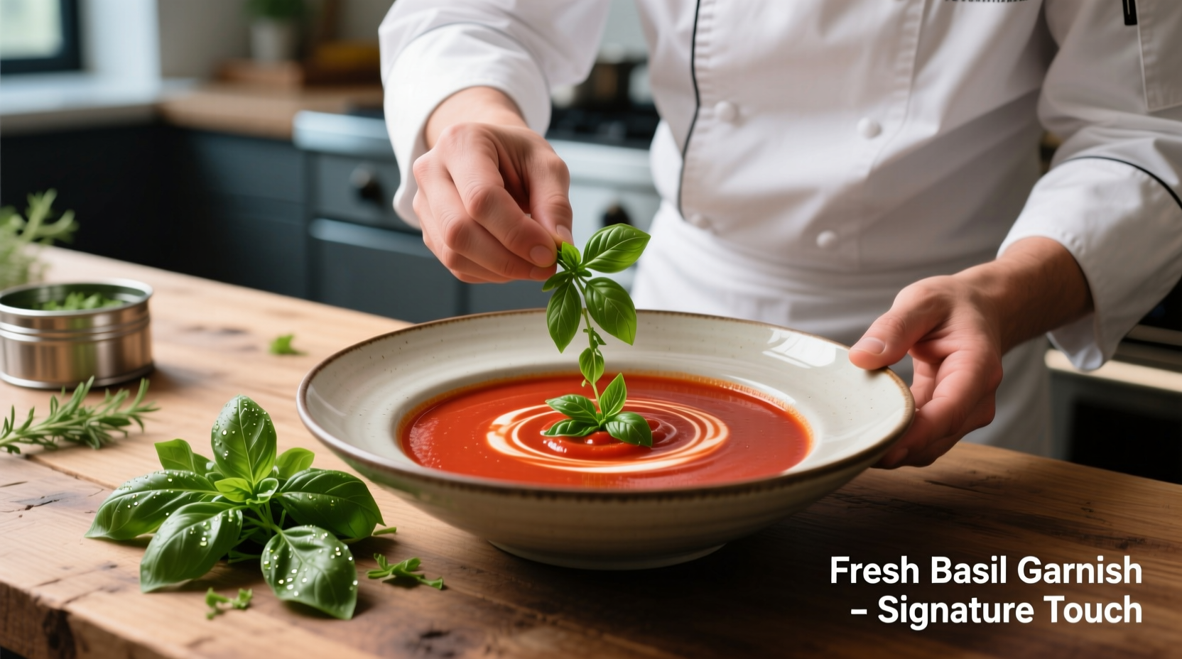 Chef garnishing tomato bisque with fresh basil