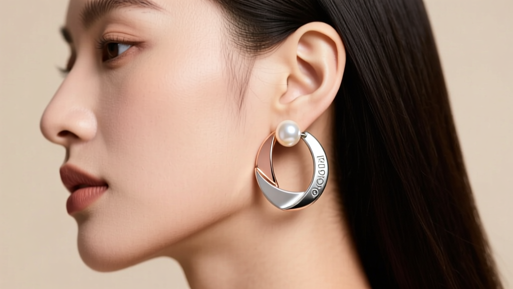 Side profile showing a mixed-metal double hoop earring styling with a pearl stud, showcasing 2026 ear curation trends