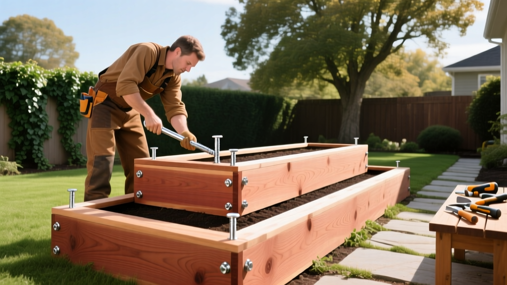 Gardener driving stainless steel structural screws into thick western red cedar boards to assemble a tiered raised garden bed in a sunny backyard