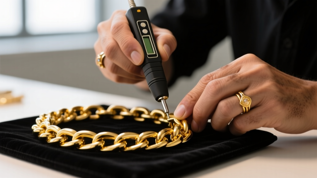 Close-up of a jeweler using an electronic gold tester on a thick 18k yellow gold Cuban chain resting on a dark velvet pad.