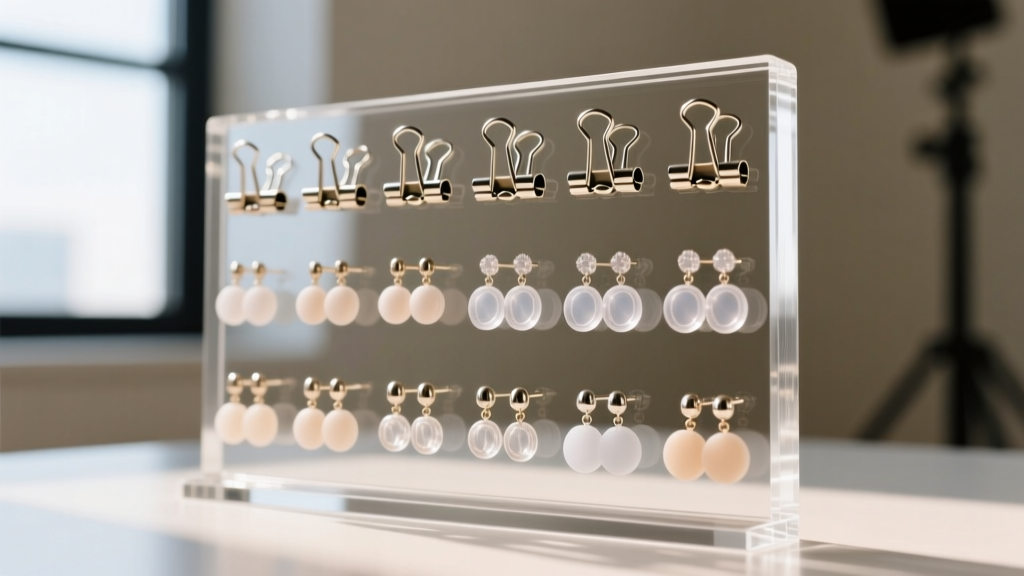 Acrylic organizer displaying various clip-on earrings with fresh clear silicone comfort pads attached to the metal clip backs
