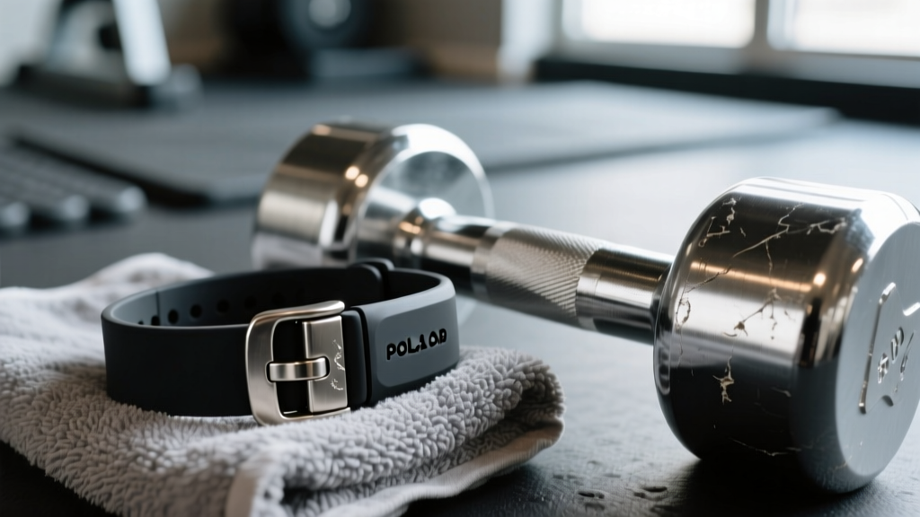 Close-up of the scratched stainless steel clasp on a faded black Polar Loop TPU band resting on a gym towel next to a dumbbell.