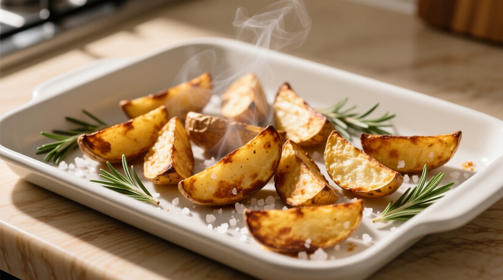Golden brown crispy potato wedges on baking sheet