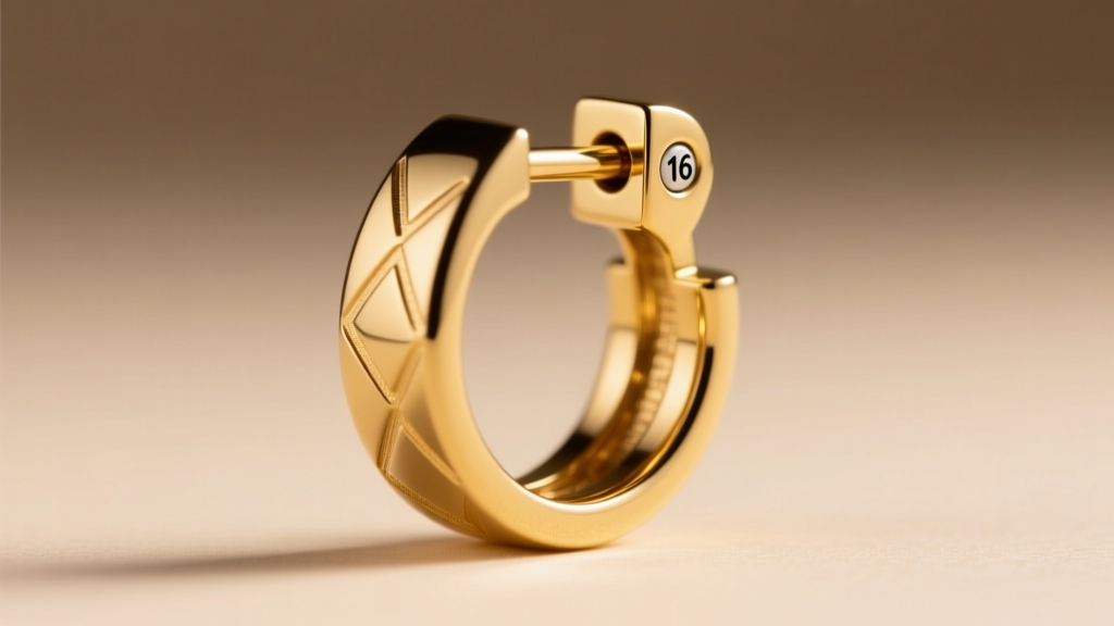 Close-up of a 14k gold hinged clicker ring earring in a 16-gauge helix piercing, illuminated by soft, warm studio lighting.