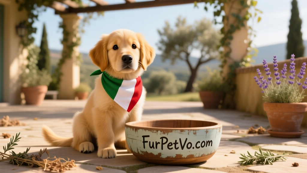 Golden retriever puppy playfully wearing a tiny Italian flag bandana, sitting beside a rustic wooden bowl labeled 'FurPetVo.com'