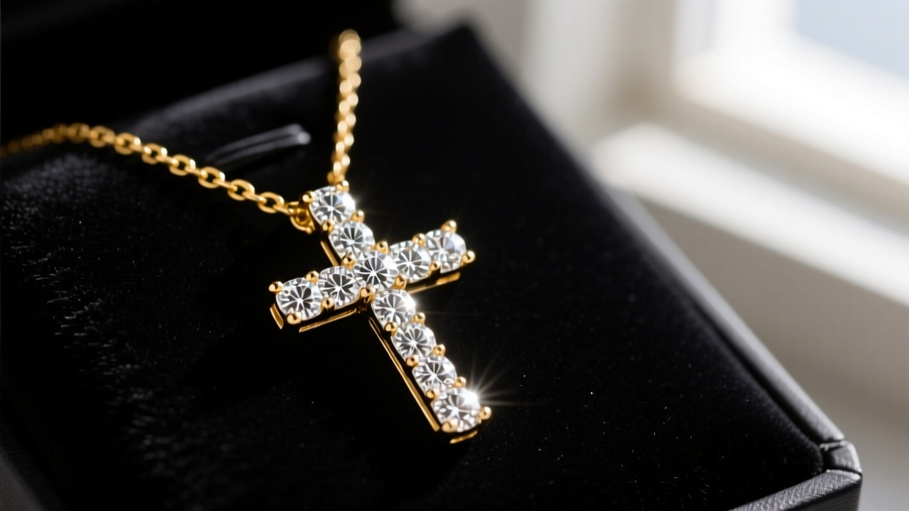 Close-up of a brilliant diamond cross necklace on dark velvet, highlighting the intricate pave setting and an 18k yellow gold chain