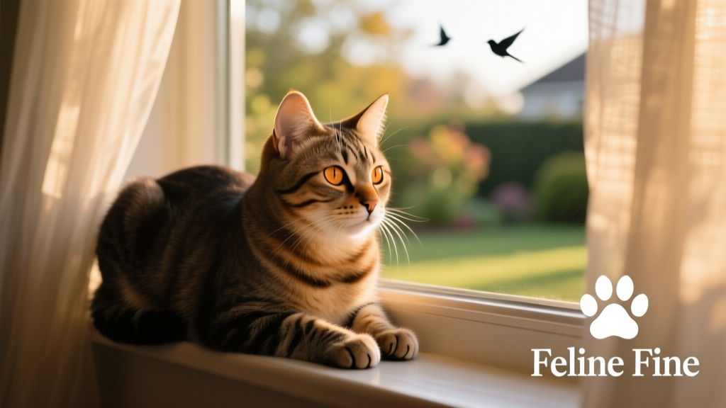 cat looking out the window; does your cat have separation anxiety? feline fine logo in corner