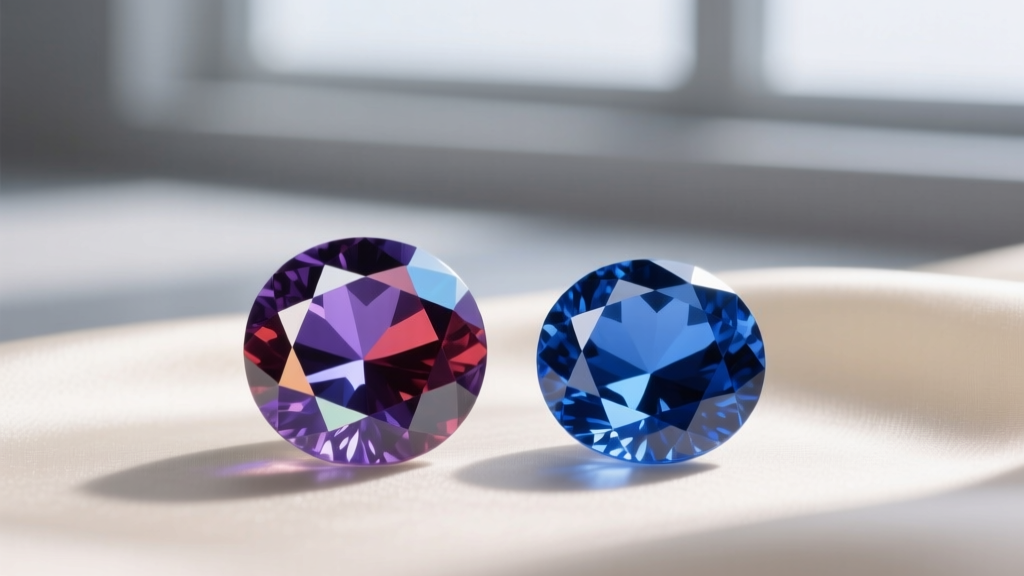 Macro view of a blue sapphire and tanzanite side by side, highlighting the purple-blue trichroic color shifts in the tanzanite gem
