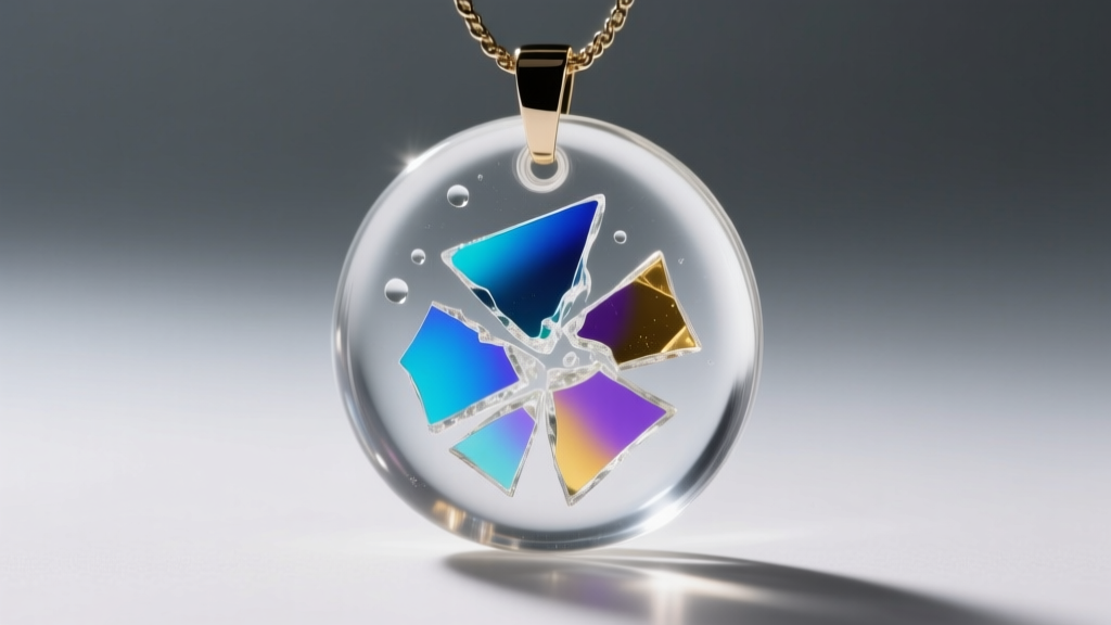 Macro shot of a clear epoxy resin pendant holding suspended shards of dichroic glass, lit by dramatic side lighting