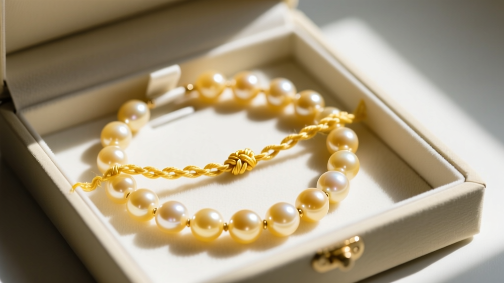 Disassembled yellow pearl necklace showing frayed silk thread and knots, resting inside an open acid-free jewelry storage box.