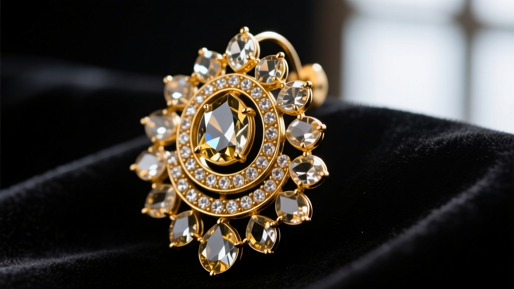 Macro shot of a traditional Kundan Indian earring featuring uncut glass stones set in 24k gold foil on a dark velvet background.