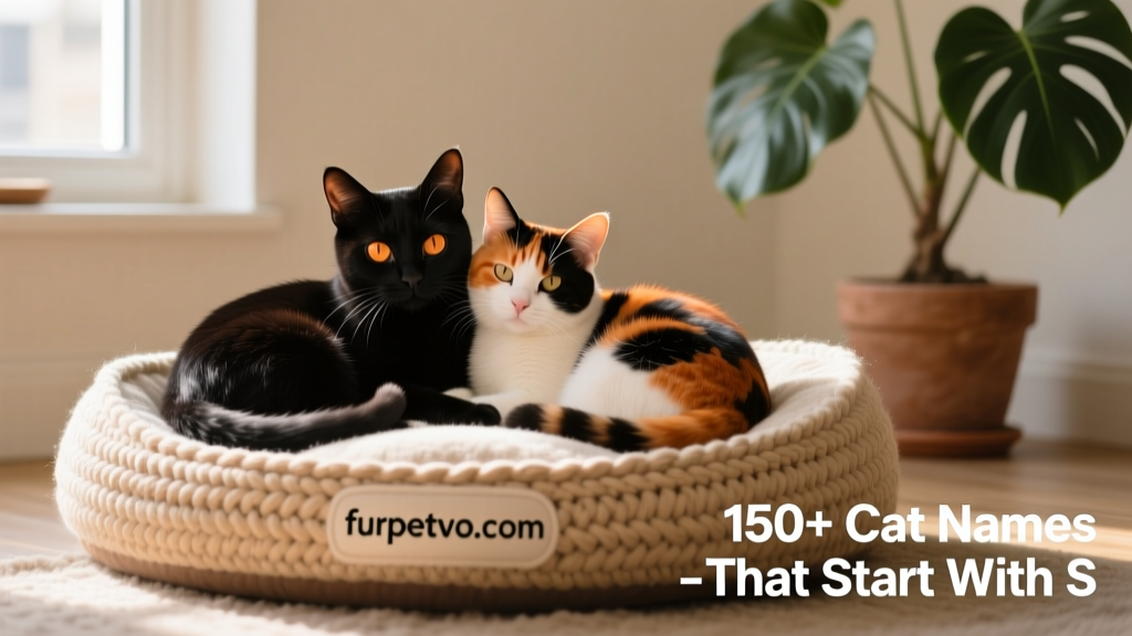 Two cats—one black and one calico—curled together on a cozy woven pet bed from furpetvo.com