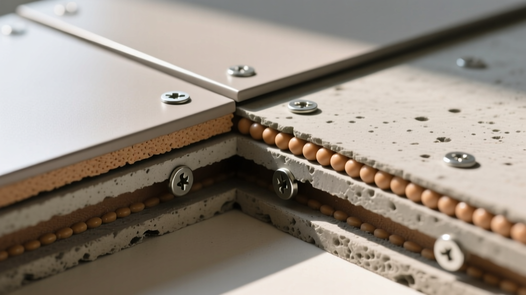 Close-up cross-section of interlocking polyurethane interior stone veneer panels mounted on cement board with visible adhesive bead and fastener