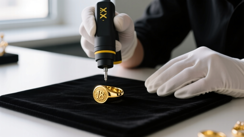 Close-up of a jeweler using an XRF gun to test the purity of a solid 18k yellow gold signet ring resting on a black velvet mat.