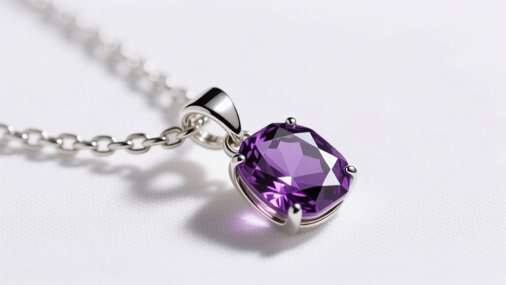 Detail of a 1.2mm silver box chain and 12mm lobster clasp attached to an amethyst gem pendant necklace resting on white linen fabric.