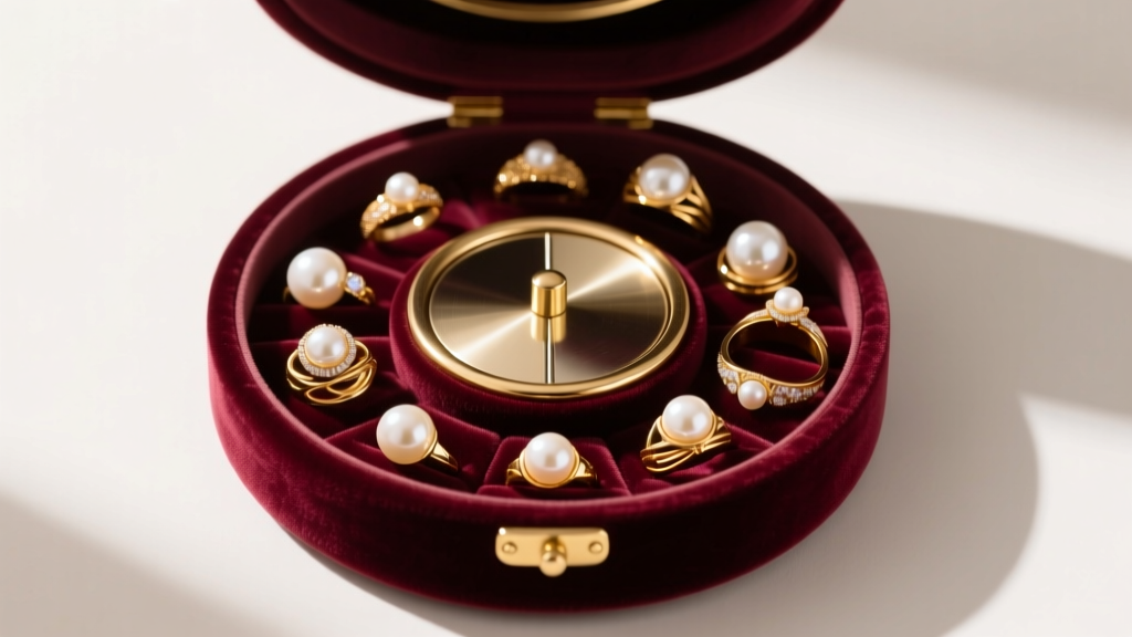 Top-down view of an open velvet round jewelry box with a central carousel, filled with gold rings and pearls.