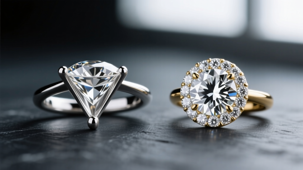 Macro photography comparing a 3-prong martini diamond setting and a full bezel diamond setting side-by-side on dark slate.