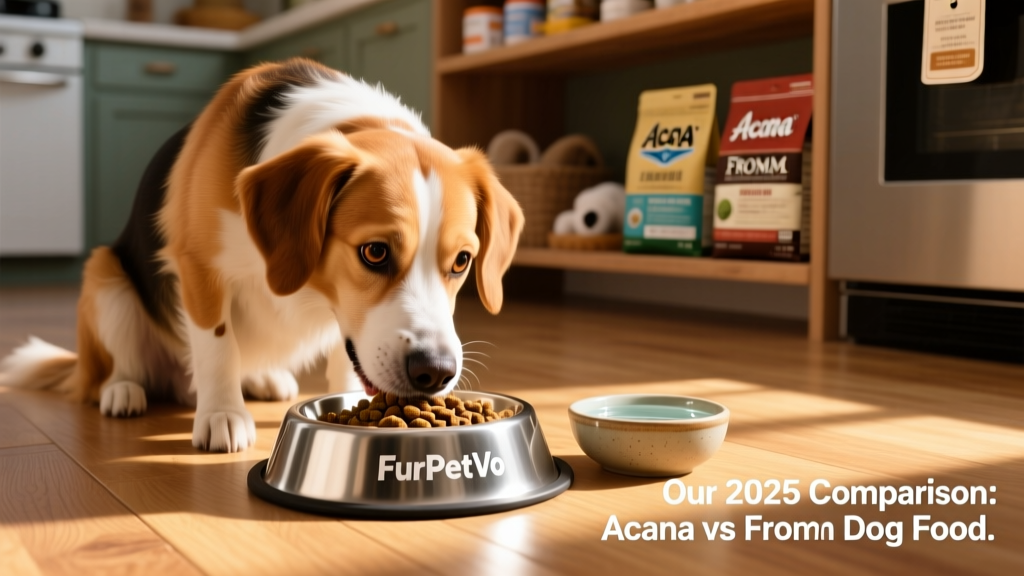 Happy medium-sized dog eating from a stainless steel bowl filled with FurPetVo kibble, with a small bowl of fresh water beside it