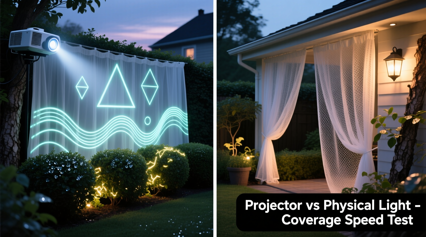 projector vs physical light net curtains which covers bushes faster