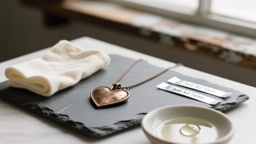 Jewelry care setup featuring a microfiber cloth, anti-tarnish strips, and mild soap beside a rustic metal heart pendant necklace.